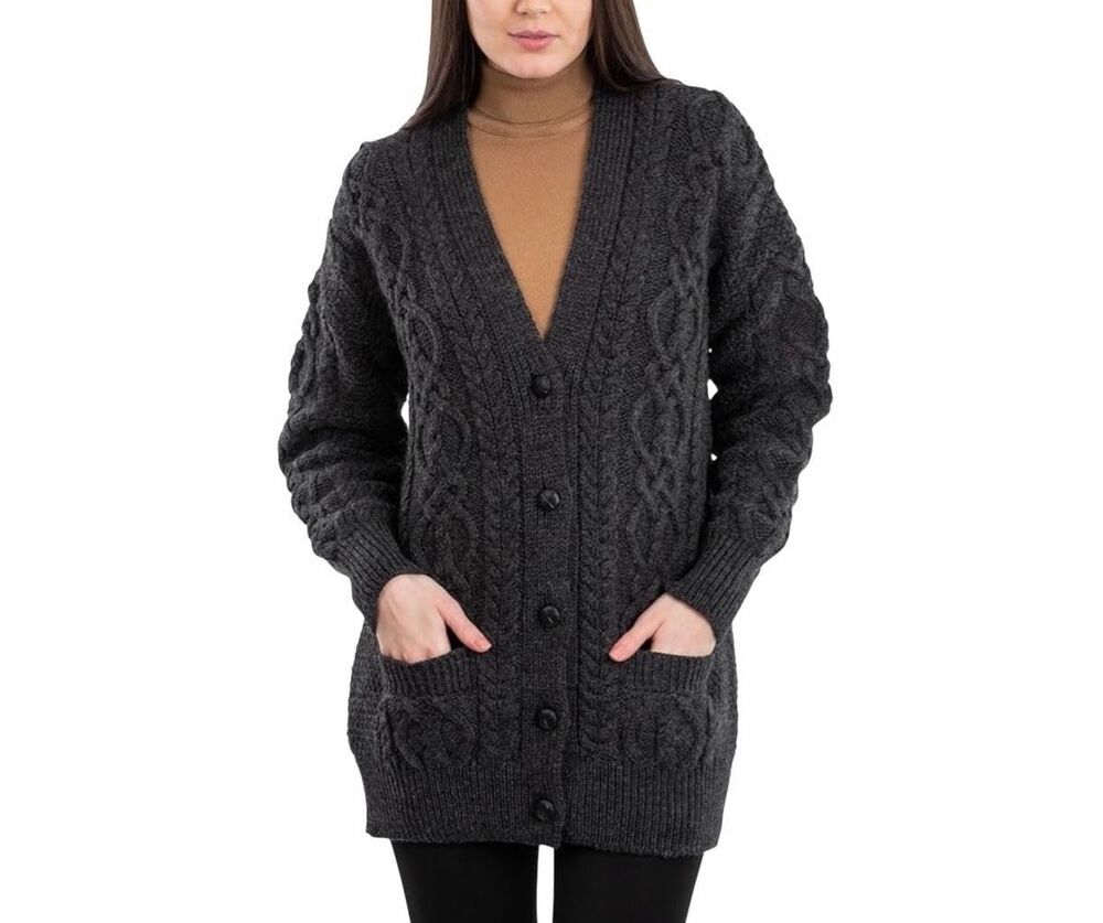 Aran Crafts Women's Cable Knit Merino Wool Button Cardigan Gray oversized S NEW